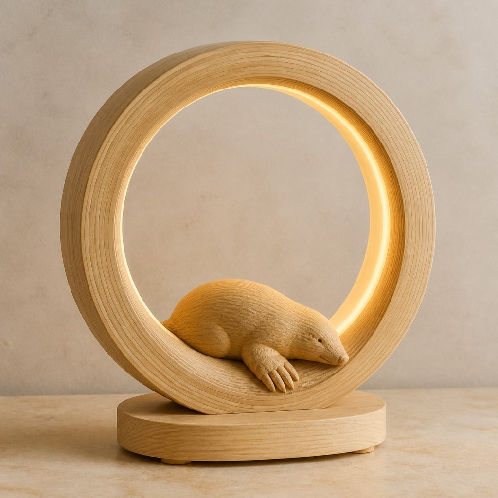 Mole Earth-Ring Lamp shown as an original square photorealistic mole lamp made from natural light-yellow wood with fine grain and warm diffused light