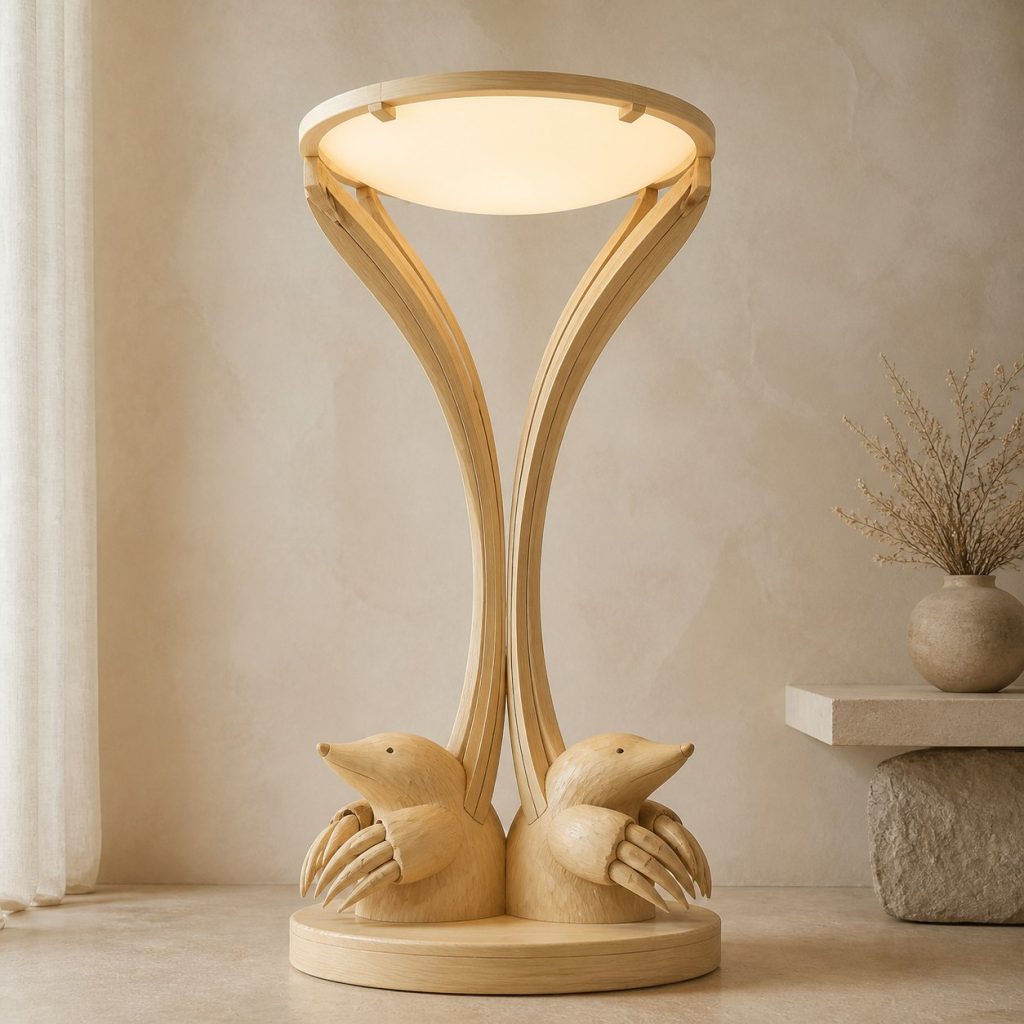Paired-Paw Mole Floor Lamp shown as an original square photorealistic mole lamp made from natural light-yellow wood with fine grain and warm diffused light