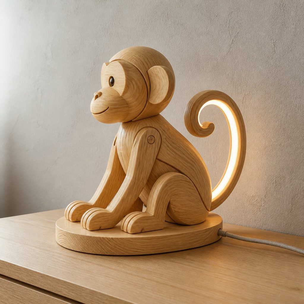 Seated Monkey Tail Lamp shown as an original square photorealistic monkey lamp made from natural light-yellow wood with fine grain and warm diffused light