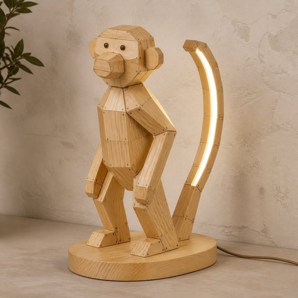 Faceted Standing Monkey Lamp shown as an original square photorealistic monkey lamp made from natural light-yellow wood with fine grain and warm diffused light