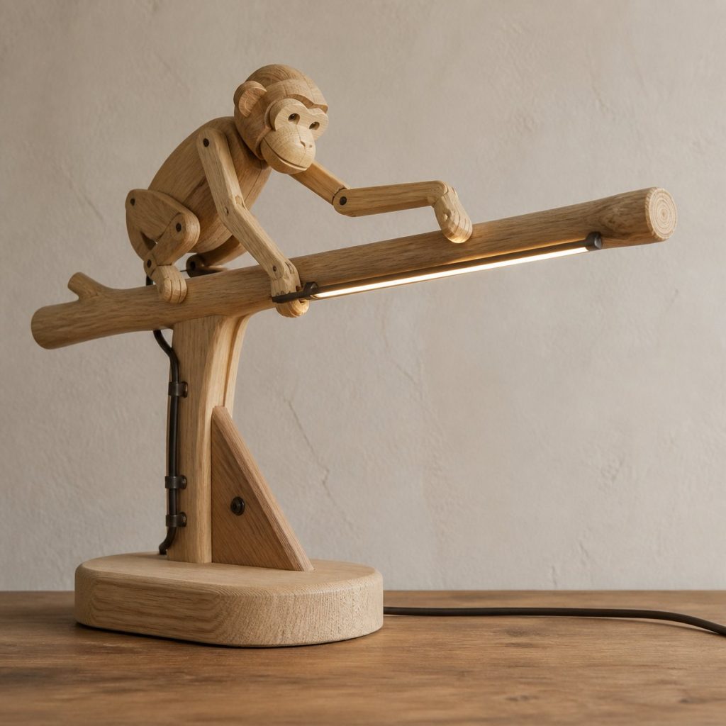 Monkey-on-Branch Task Lamp shown as an original square photorealistic monkey lamp made from natural light-yellow wood with fine grain and warm diffused light