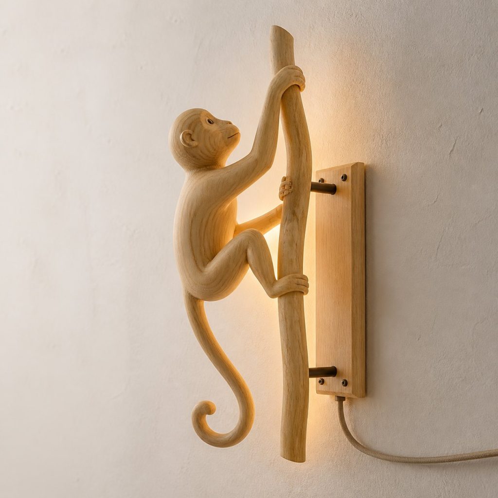 Climbing Monkey Wall Sconce shown as an original square photorealistic monkey lamp made from natural light-yellow wood with fine grain and warm diffused light