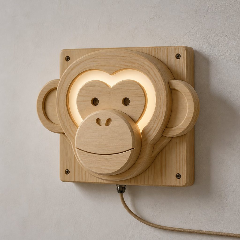 Layered Monkey Face Wall Lamp shown as an original square photorealistic monkey lamp made from natural light-yellow wood with fine grain and warm diffused light