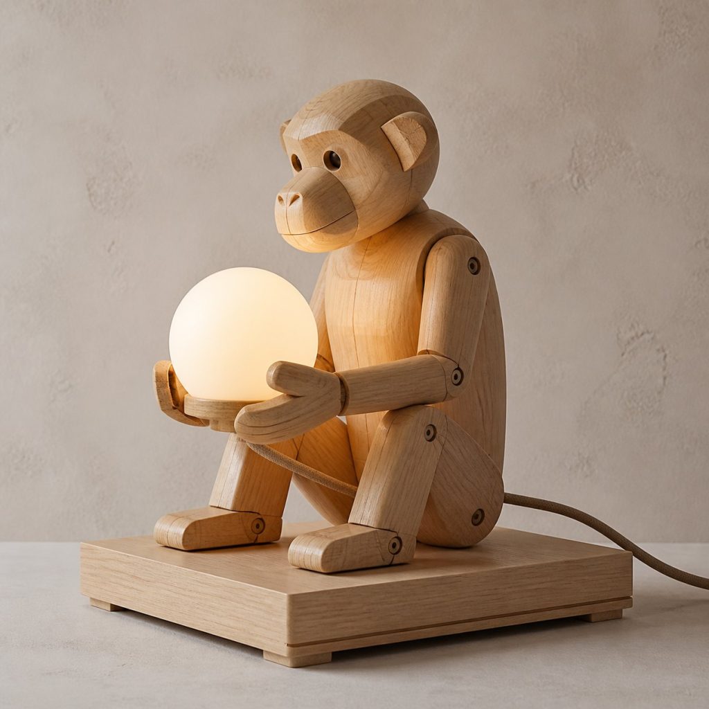 Monkey Orb Lamp shown as an original square photorealistic monkey lamp made from natural light-yellow wood with fine grain and warm diffused light