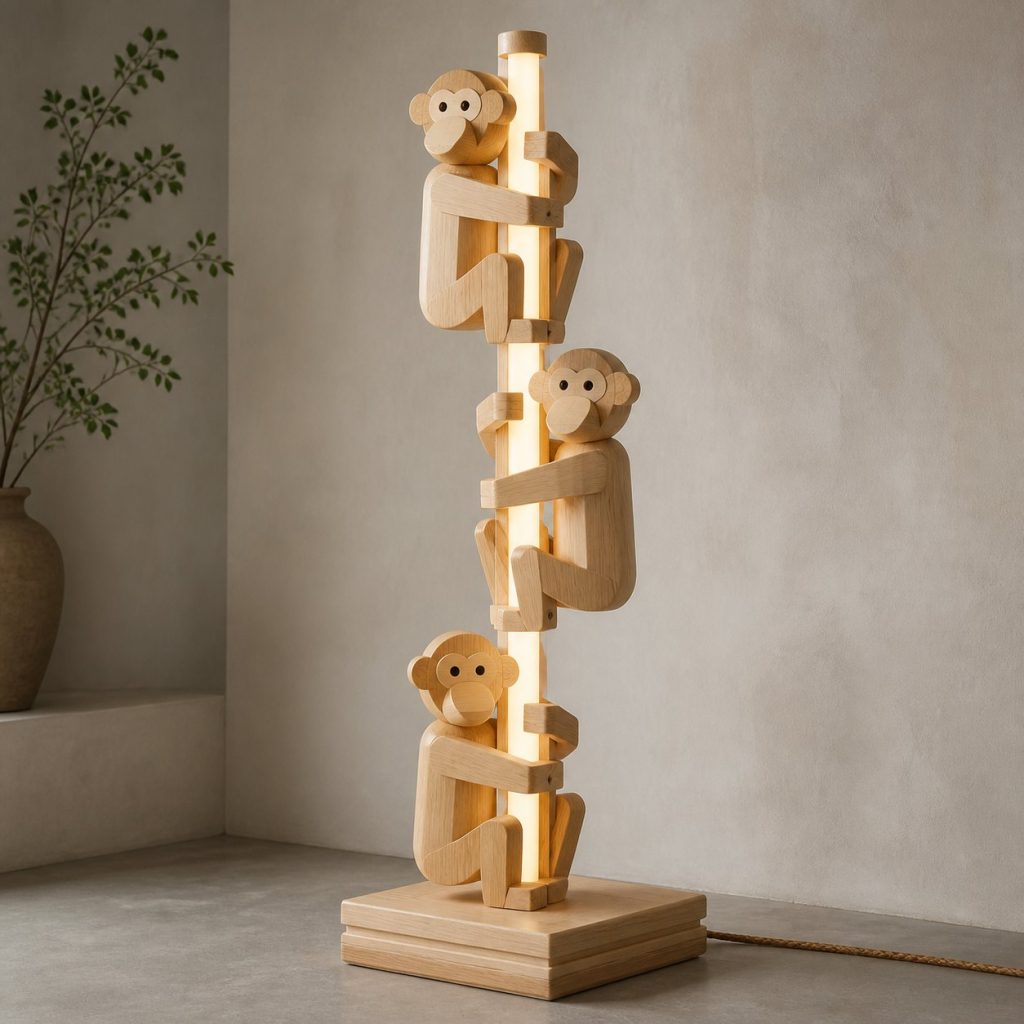Stacked Monkey Floor Lamp shown as an original square photorealistic monkey lamp made from natural light-yellow wood with fine grain and warm diffused light