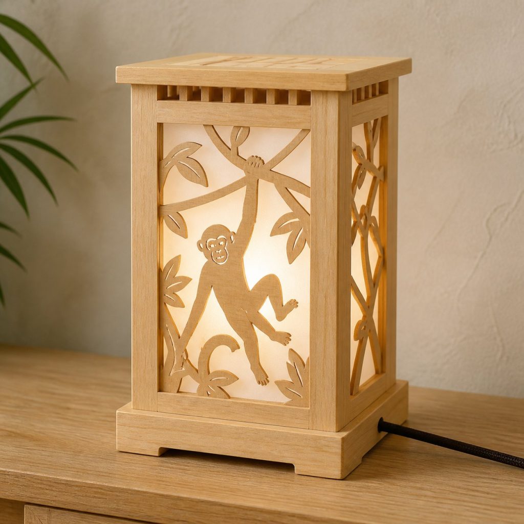 Jungle Monkey Lantern shown as an original square photorealistic monkey lamp made from natural light-yellow wood with fine grain and warm diffused light