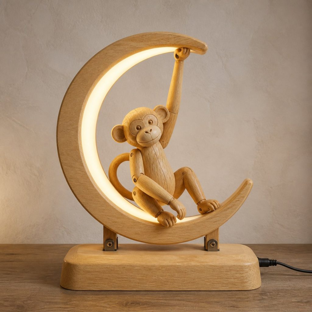 Monkey Crescent-Moon Lamp shown as an original square photorealistic monkey lamp made from natural light-yellow wood with fine grain and warm diffused light