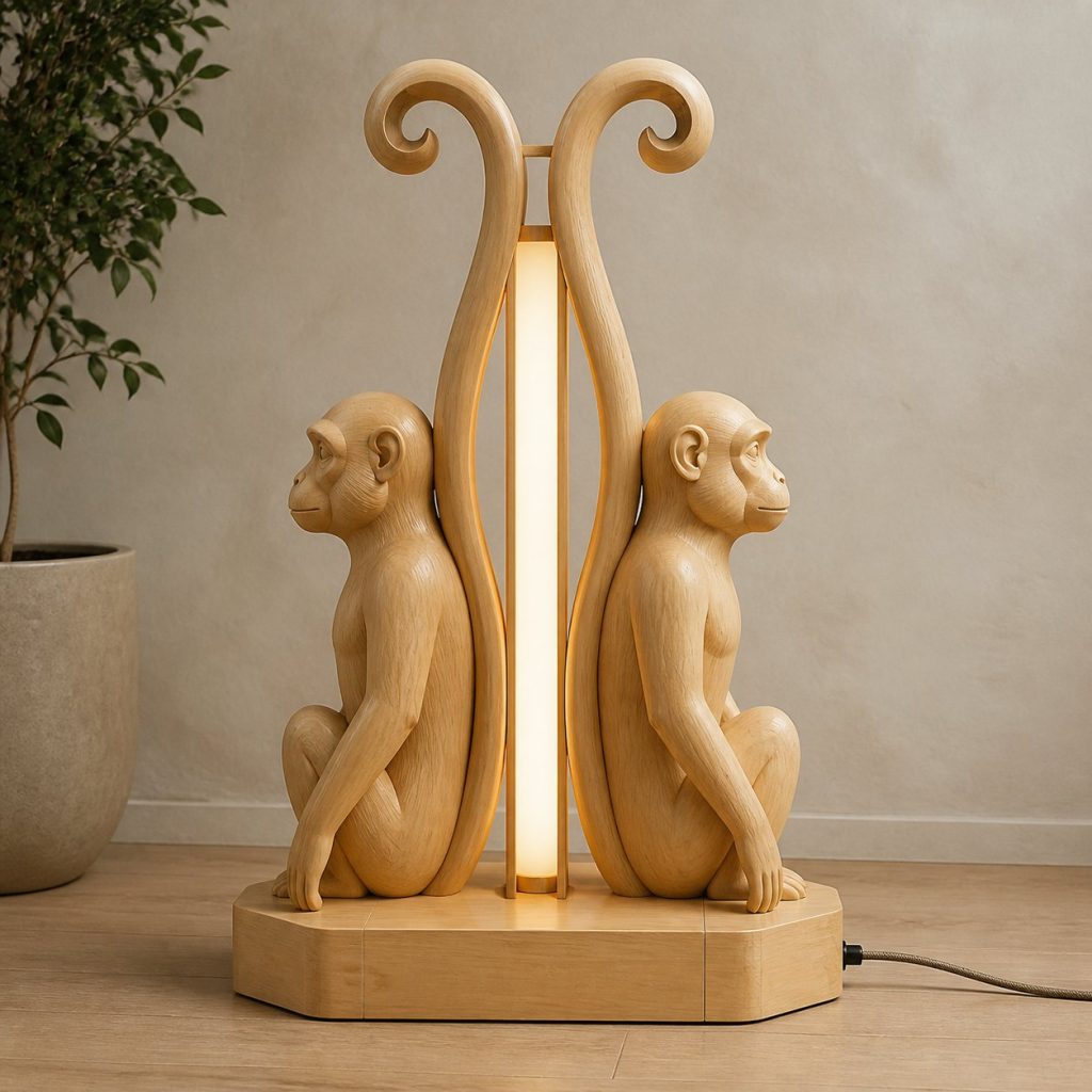 Twin-Tail Monkey Floor Lamp shown as an original square photorealistic monkey lamp made from natural light-yellow wood with fine grain and warm diffused light
