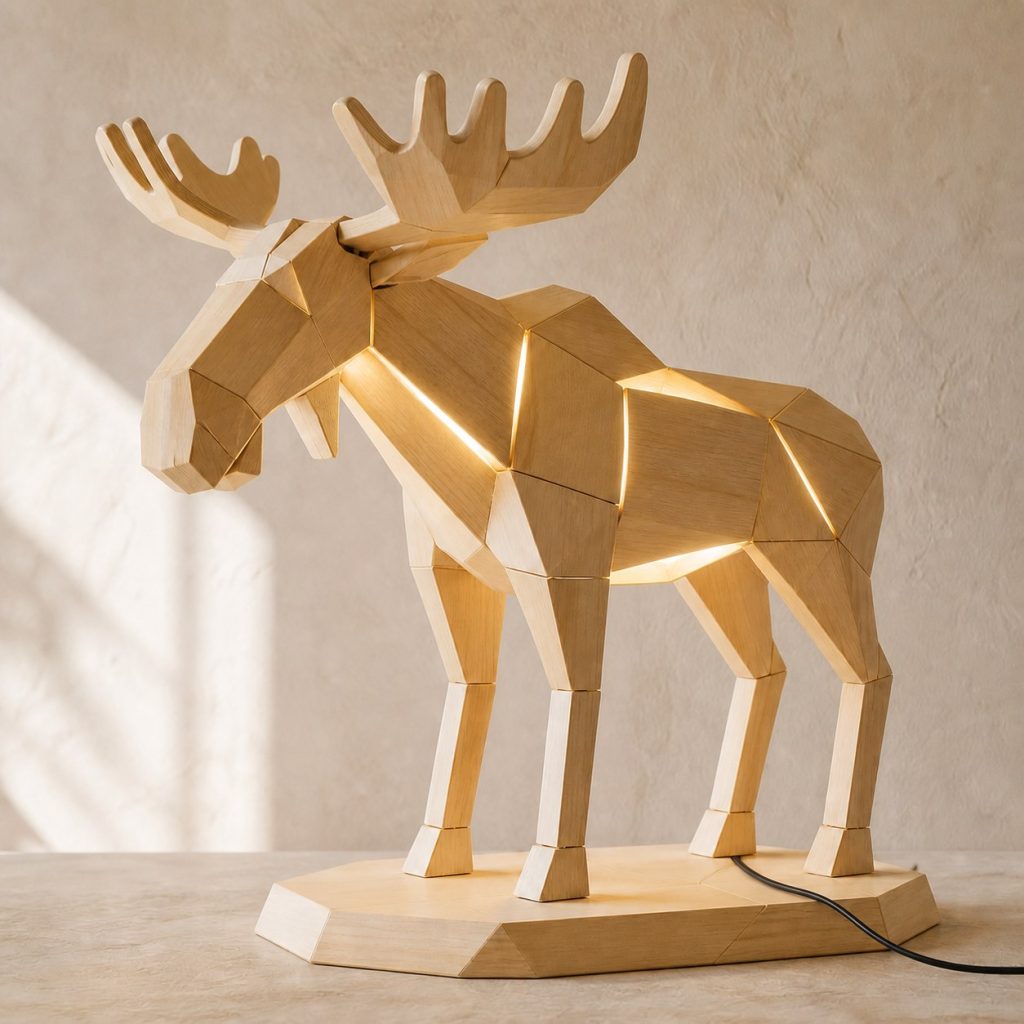 Faceted Moose Lamp shown as an original square photorealistic moose lamp made from natural light-yellow wood with fine grain and warm diffused light