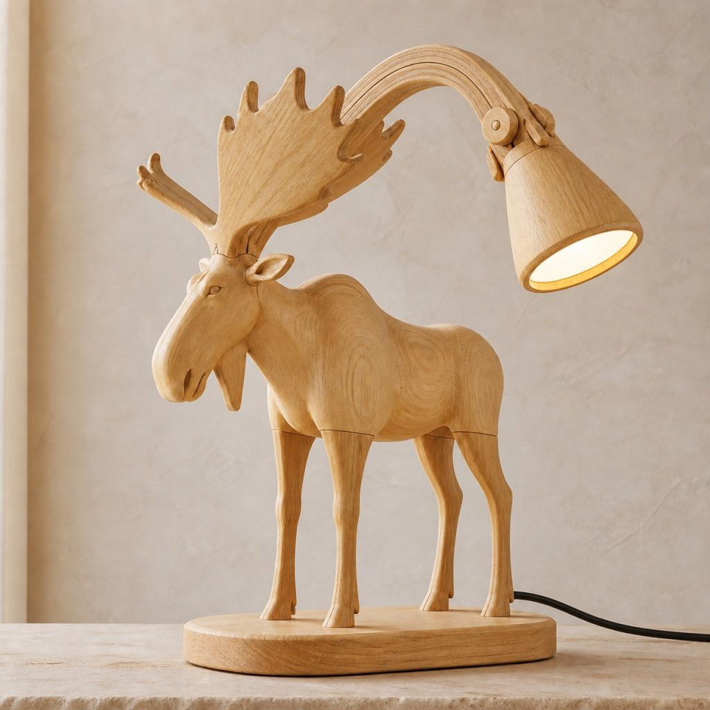 Moose-Antler Desk Task Lamp shown as an original square photorealistic moose lamp made from natural light-yellow wood with fine grain and warm diffused light