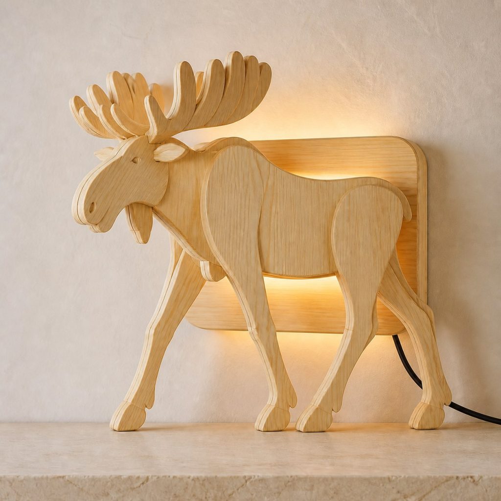 Walking Moose Wall Sconce shown as an original square photorealistic moose lamp made from natural light-yellow wood with fine grain and warm diffused light