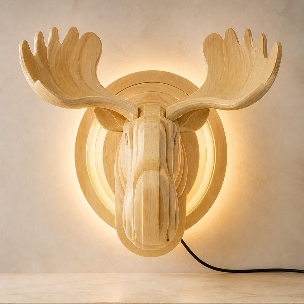 Layered Moose Head Wall Lamp shown as an original square photorealistic moose lamp made from natural light-yellow wood with fine grain and warm diffused light