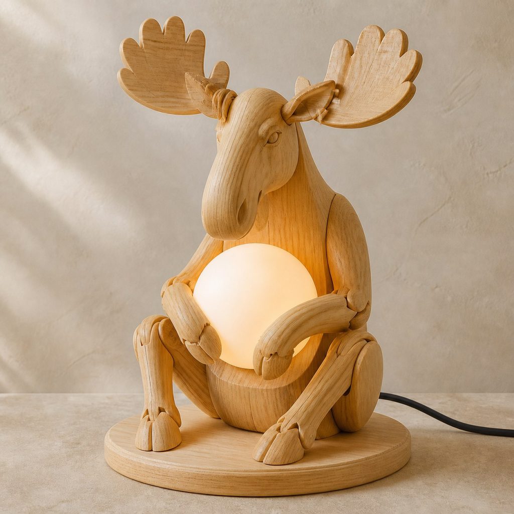 Moose Orb Lamp shown as an original square photorealistic moose lamp made from natural light-yellow wood with fine grain and warm diffused light