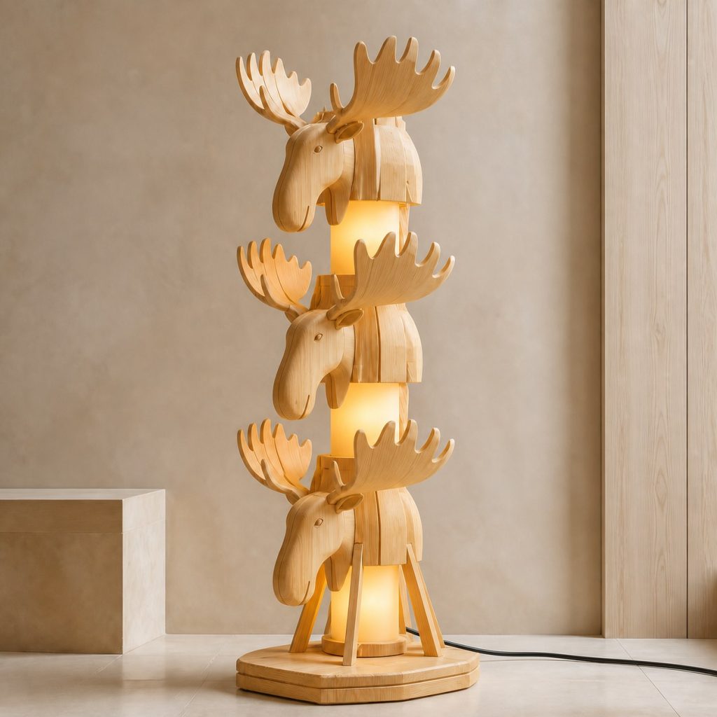 Stacked Moose Floor Lamp shown as an original square photorealistic moose lamp made from natural light-yellow wood with fine grain and warm diffused light