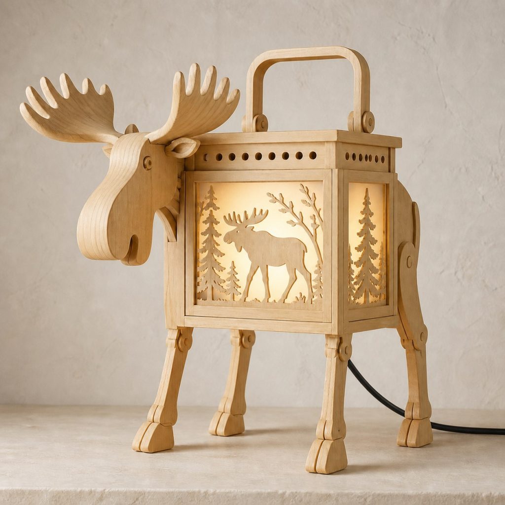 Northwoods Moose Lantern shown as an original square photorealistic moose lamp made from natural light-yellow wood with fine grain and warm diffused light