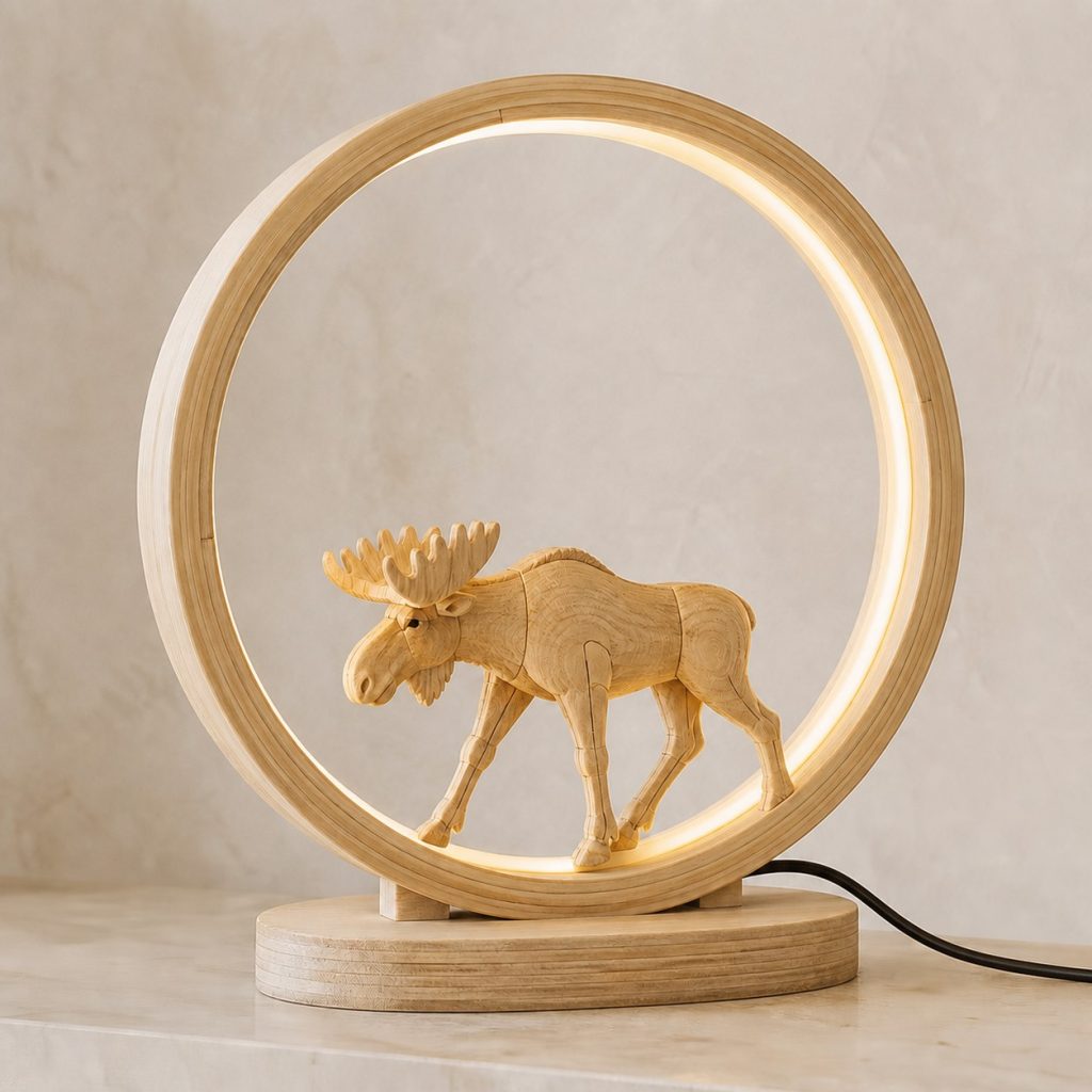 Moose Lake-Ring Lamp shown as an original square photorealistic moose lamp made from natural light-yellow wood with fine grain and warm diffused light
