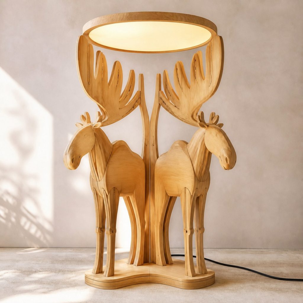 Paired-Antler Moose Floor Lamp shown as an original square photorealistic moose lamp made from natural light-yellow wood with fine grain and warm diffused light