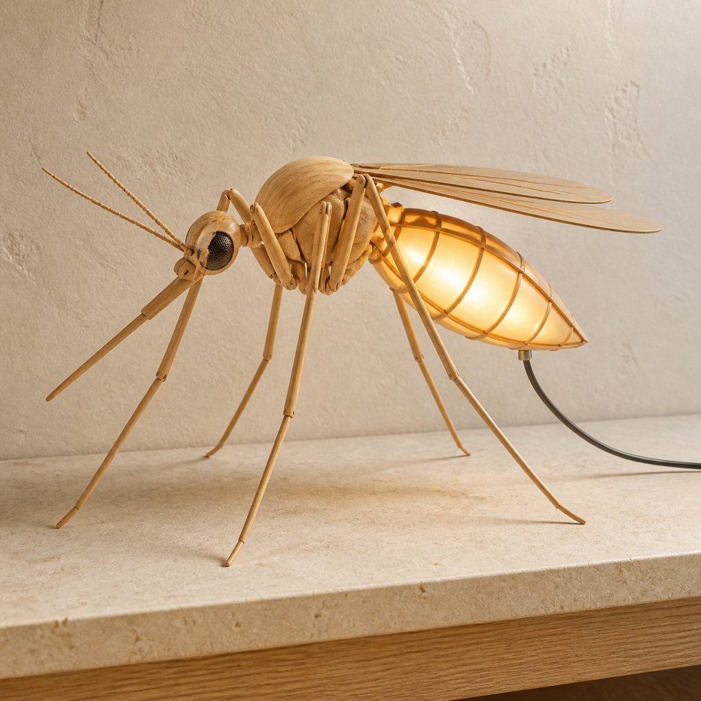 Mosquito Profile Lamp shown as an original square photorealistic mosquito lamp made from natural light-yellow wood with fine grain and warm diffused light