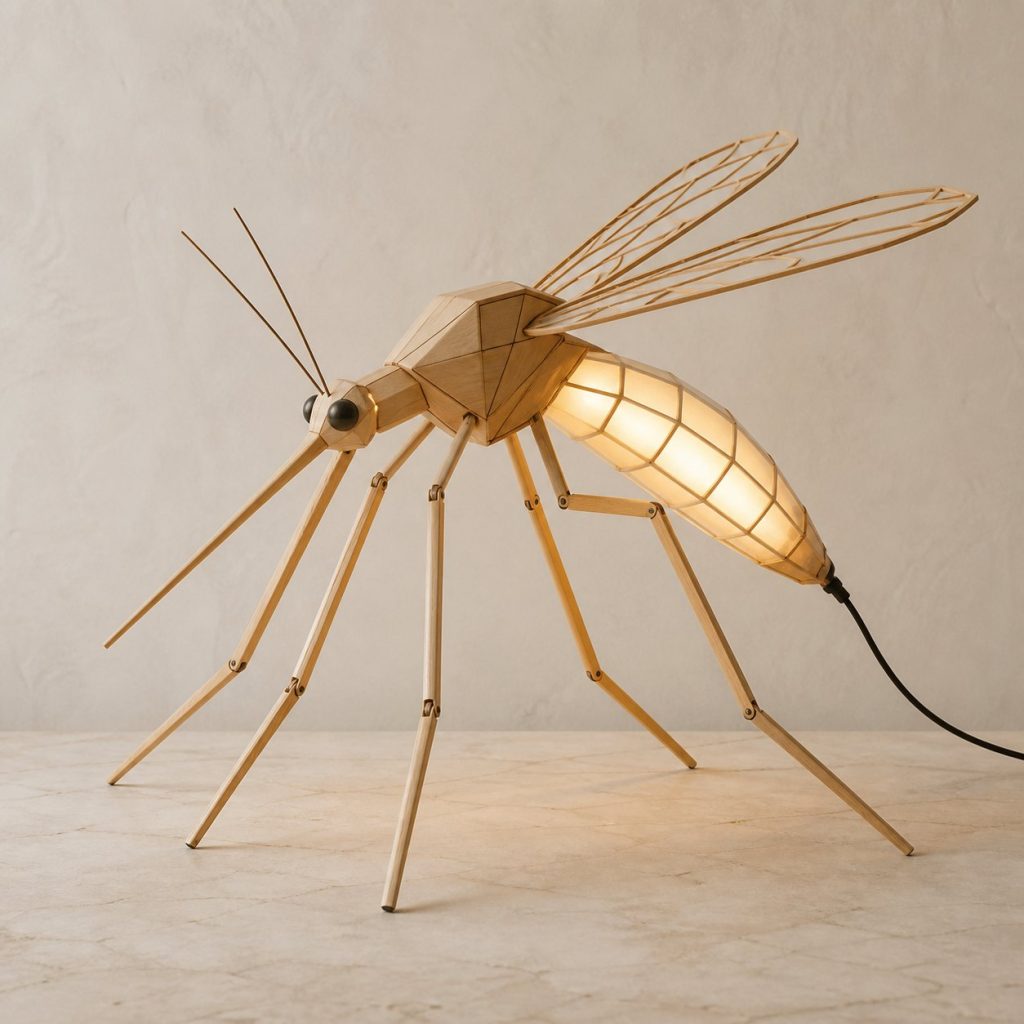 Faceted Mosquito Lamp shown as an original square photorealistic mosquito lamp made from natural light-yellow wood with fine grain and warm diffused light