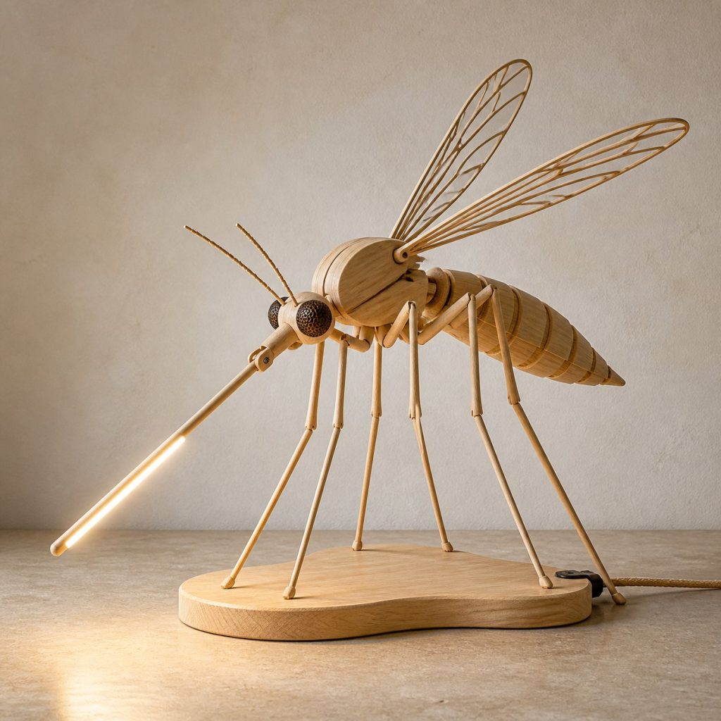 Mosquito-Proboscis Desk Task Lamp shown as an original square photorealistic mosquito lamp made from natural light-yellow wood with fine grain and warm diffused light