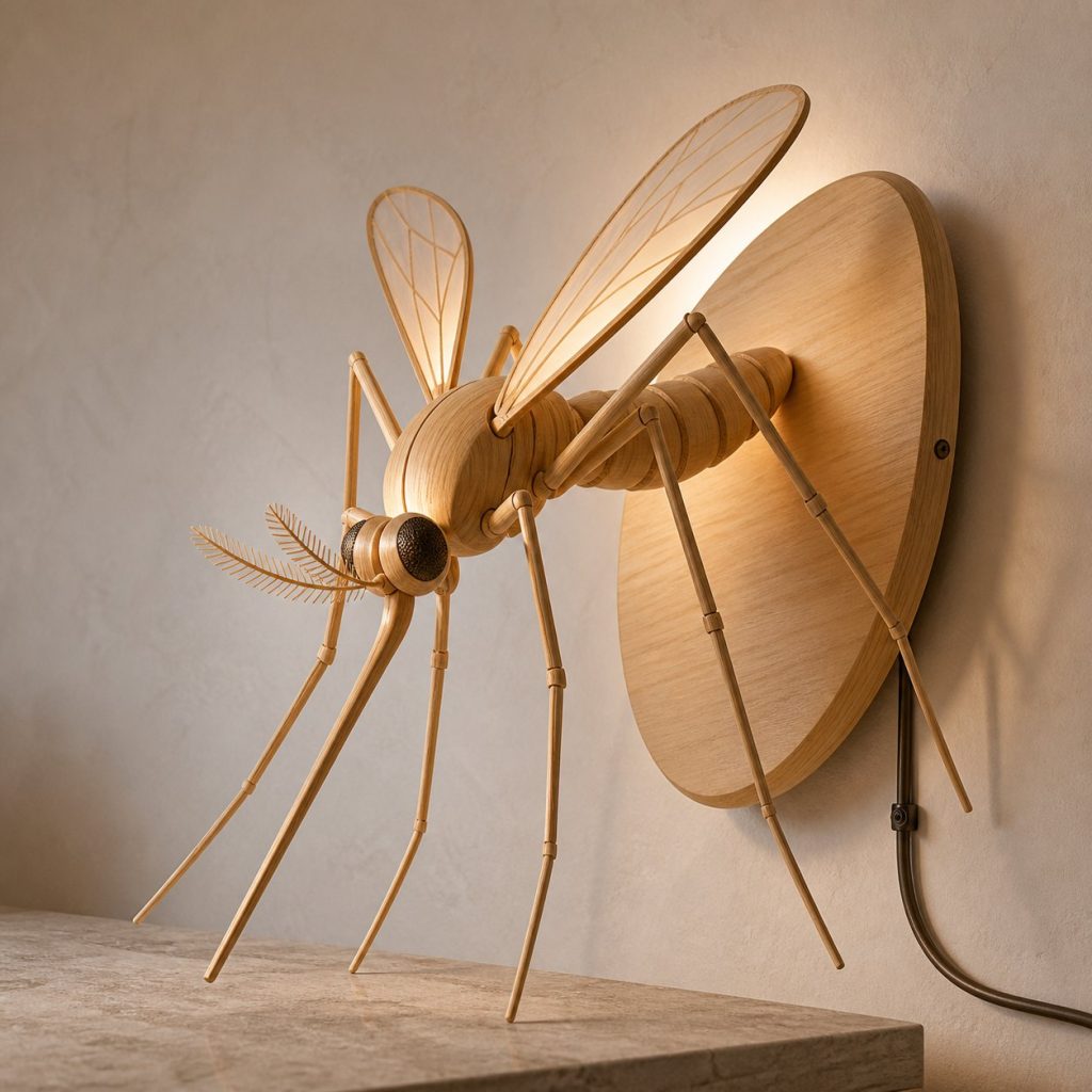 Resting Mosquito Wall Sconce shown as an original square photorealistic mosquito lamp made from natural light-yellow wood with fine grain and warm diffused light