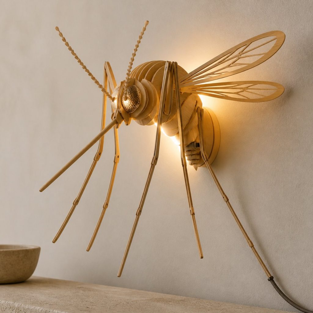 Layered Mosquito Head Wall Lamp shown as an original square photorealistic mosquito lamp made from natural light-yellow wood with fine grain and warm diffused light