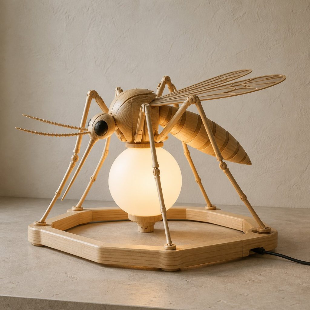 Mosquito Orb Lamp shown as an original square photorealistic mosquito lamp made from natural light-yellow wood with fine grain and warm diffused light