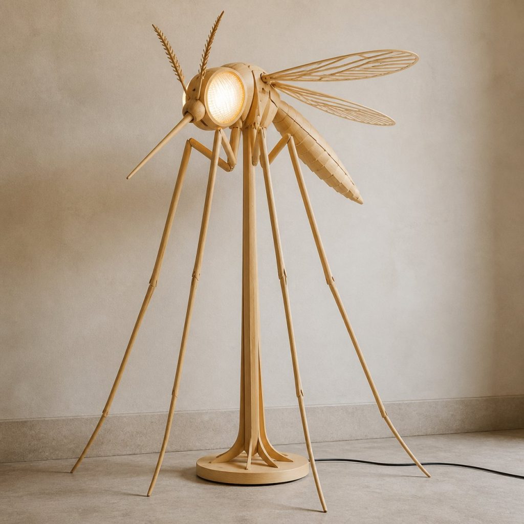 Tall Mosquito Floor Lamp shown as an original square photorealistic mosquito lamp made from natural light-yellow wood with fine grain and warm diffused light