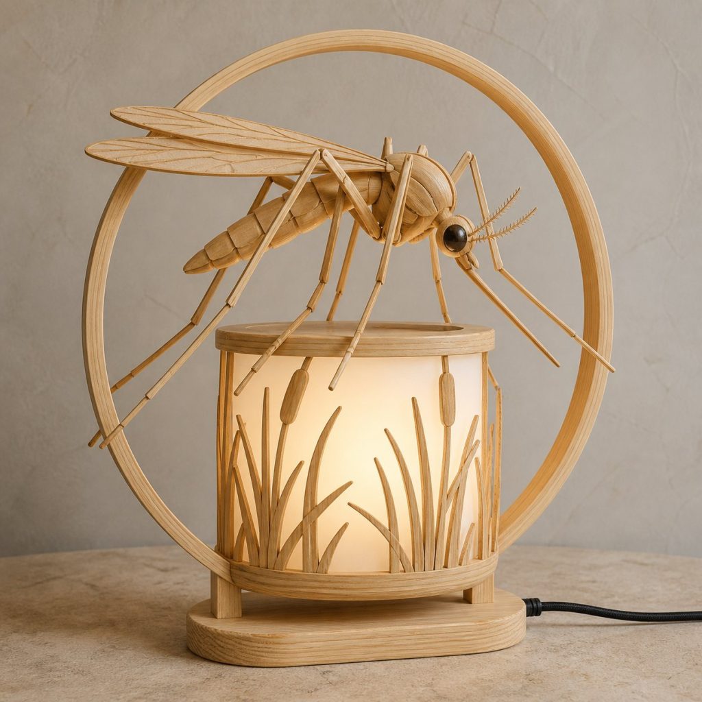 Wetland Mosquito Lantern shown as an original square photorealistic mosquito lamp made from natural light-yellow wood with fine grain and warm diffused light