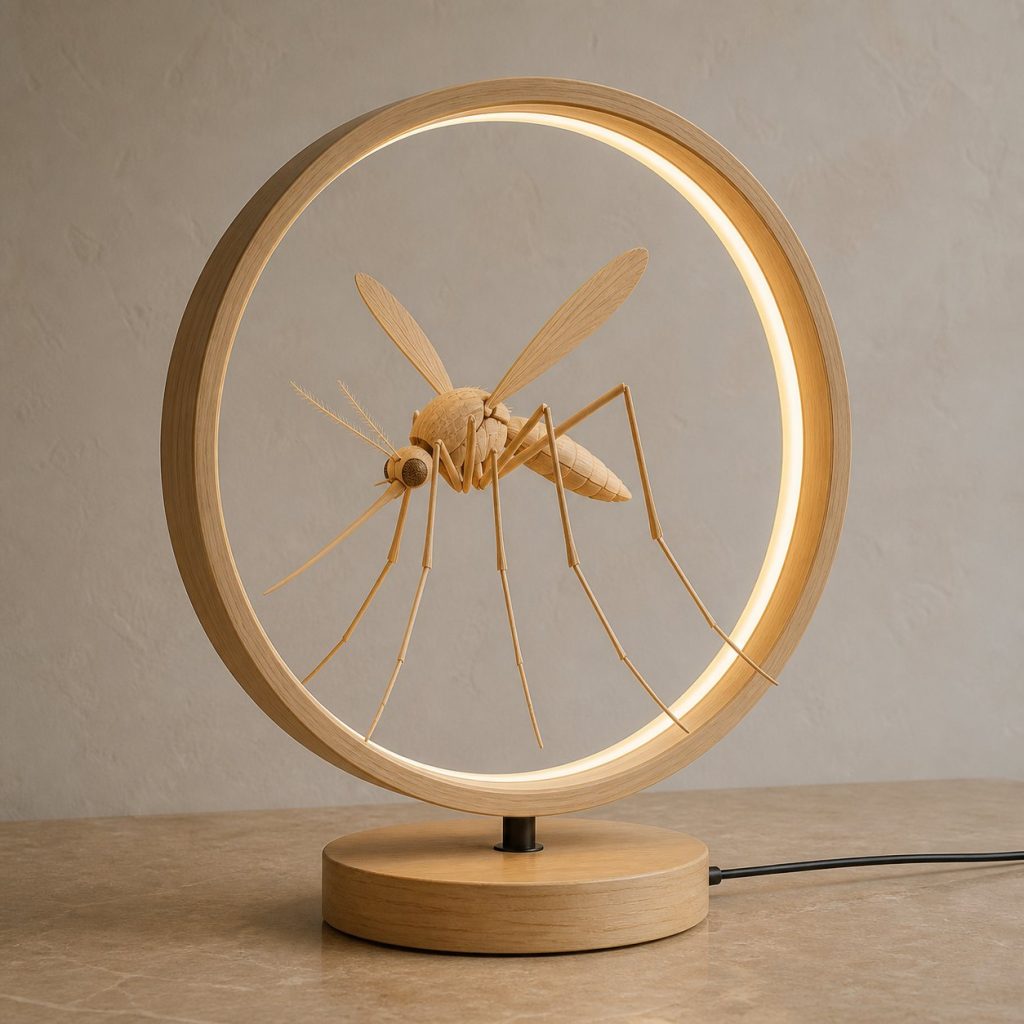 Mosquito Water-Ring Lamp shown as an original square photorealistic mosquito lamp made from natural light-yellow wood with fine grain and warm diffused light