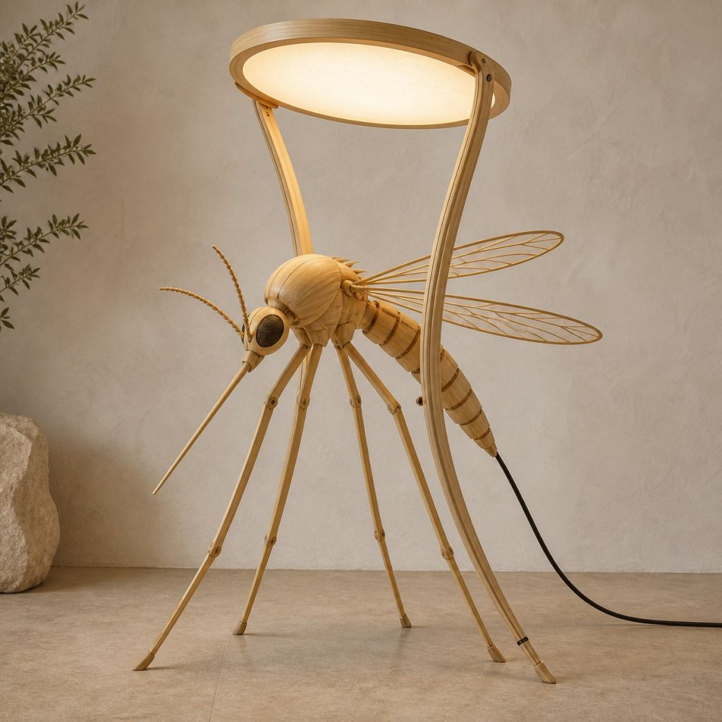 Paired-Leg Mosquito Floor Lamp shown as an original square photorealistic mosquito lamp made from natural light-yellow wood with fine grain and warm diffused light