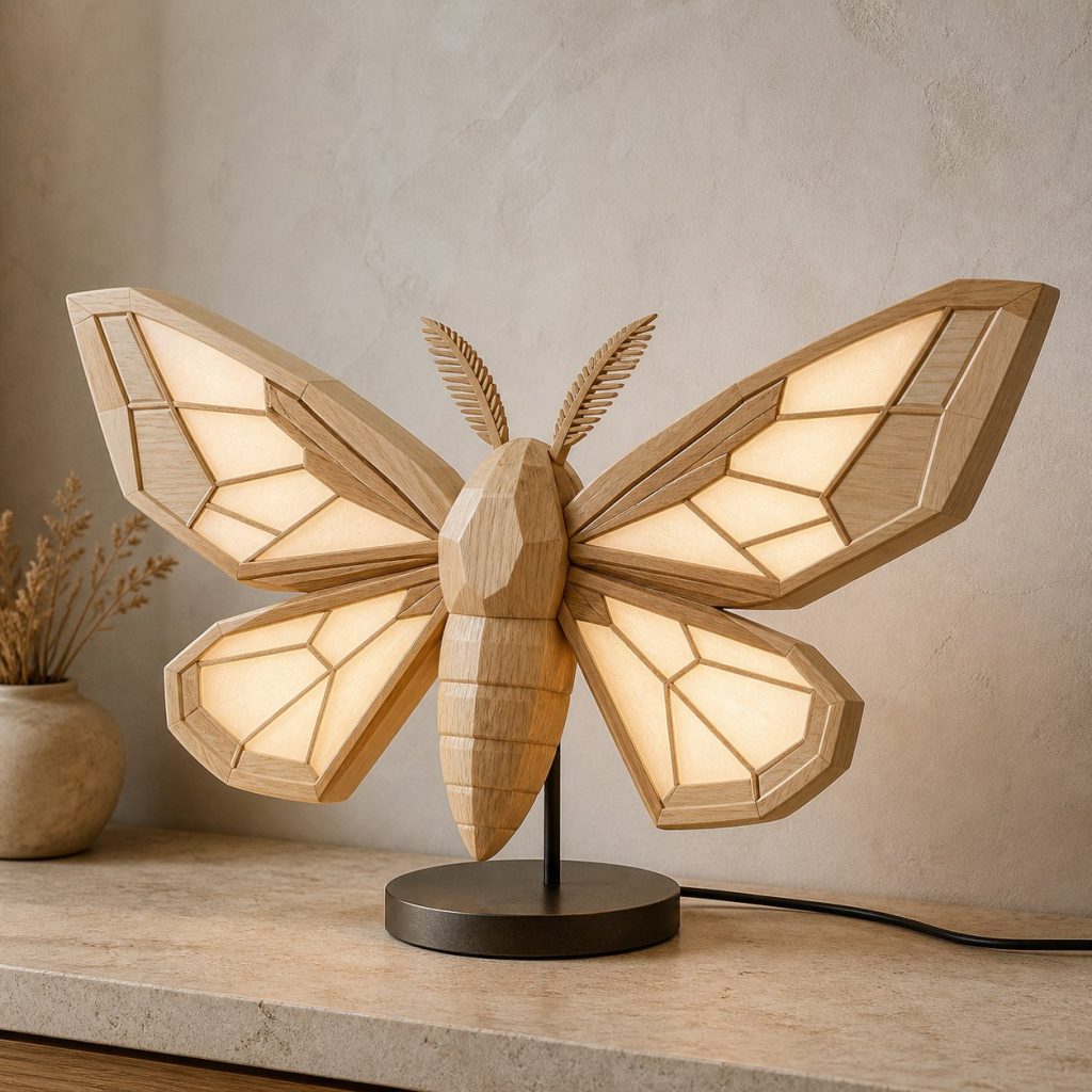 Faceted Moth Lamp shown as an original square photorealistic moth lamp made from natural light-yellow wood with fine grain and warm diffused light