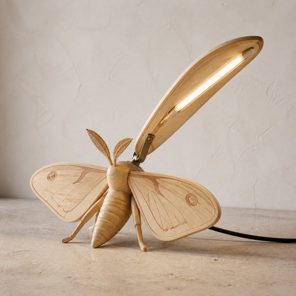 Moth-Wing Desk Task Lamp shown as an original square photorealistic moth lamp made from natural light-yellow wood with fine grain and warm diffused light