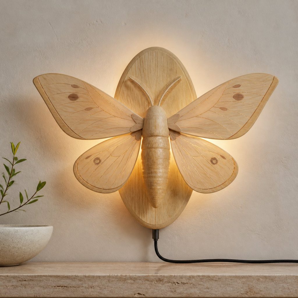 Resting Moth Wall Sconce shown as an original square photorealistic moth lamp made from natural light-yellow wood with fine grain and warm diffused light
