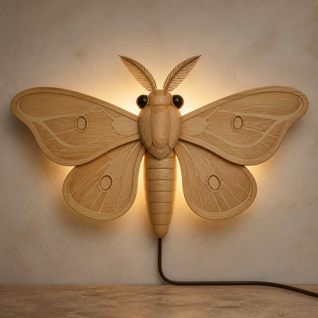 Layered Moth Head Wall Lamp shown as an original square photorealistic moth lamp made from natural light-yellow wood with fine grain and warm diffused light