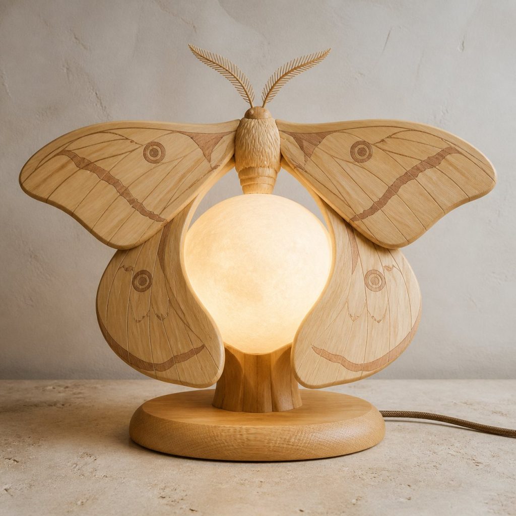 Moth Moon-Orb Lamp shown as an original square photorealistic moth lamp made from natural light-yellow wood with fine grain and warm diffused light