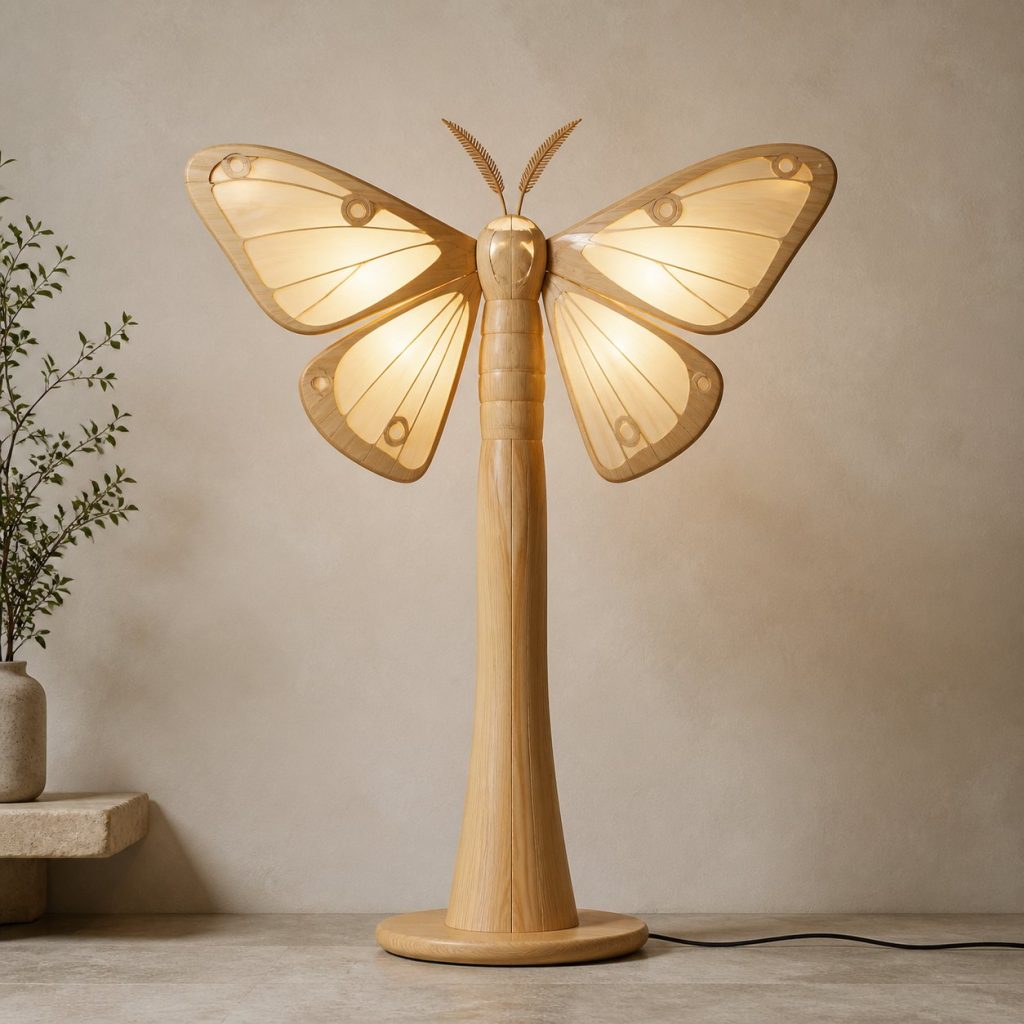 Tall Moth Floor Lamp shown as an original square photorealistic moth lamp made from natural light-yellow wood with fine grain and warm diffused light