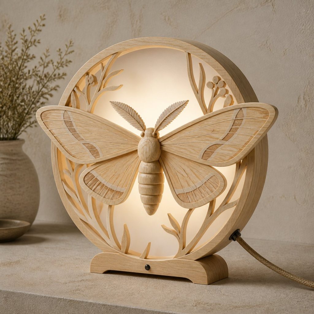 Night-Garden Moth Lantern shown as an original square photorealistic moth lamp made from natural light-yellow wood with fine grain and warm diffused light
