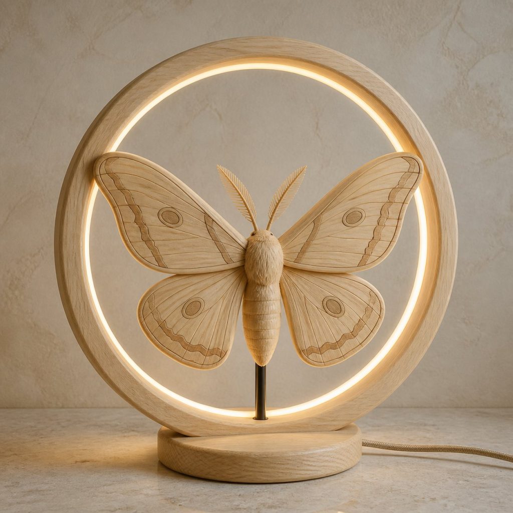 Moth Moon-Ring Lamp shown as an original square photorealistic moth lamp made from natural light-yellow wood with fine grain and warm diffused light