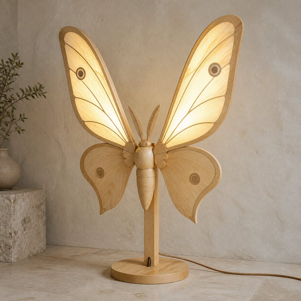 Paired-Wing Moth Floor Lamp shown as an original square photorealistic moth lamp made from natural light-yellow wood with fine grain and warm diffused light