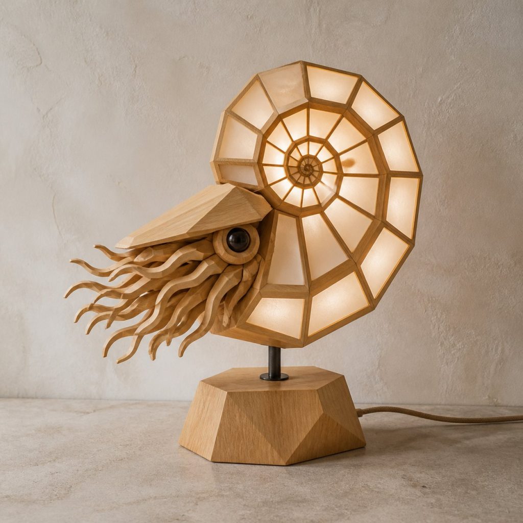 Faceted Nautilus Lamp shown as an original square photorealistic nautilus lamp made from natural light-yellow wood with fine grain and warm diffused light