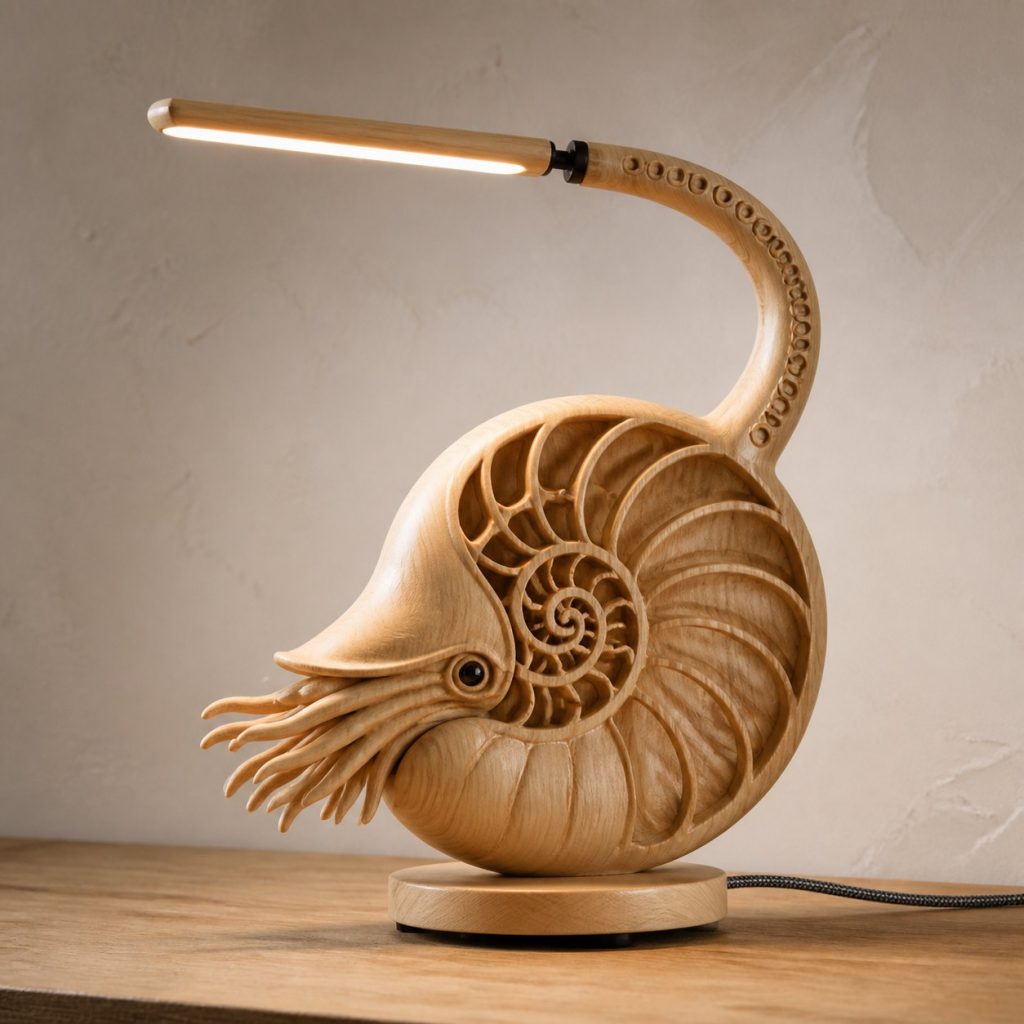 Nautilus-Tentacle Desk Task Lamp shown as an original square photorealistic nautilus lamp made from natural light-yellow wood with fine grain and warm diffused light
