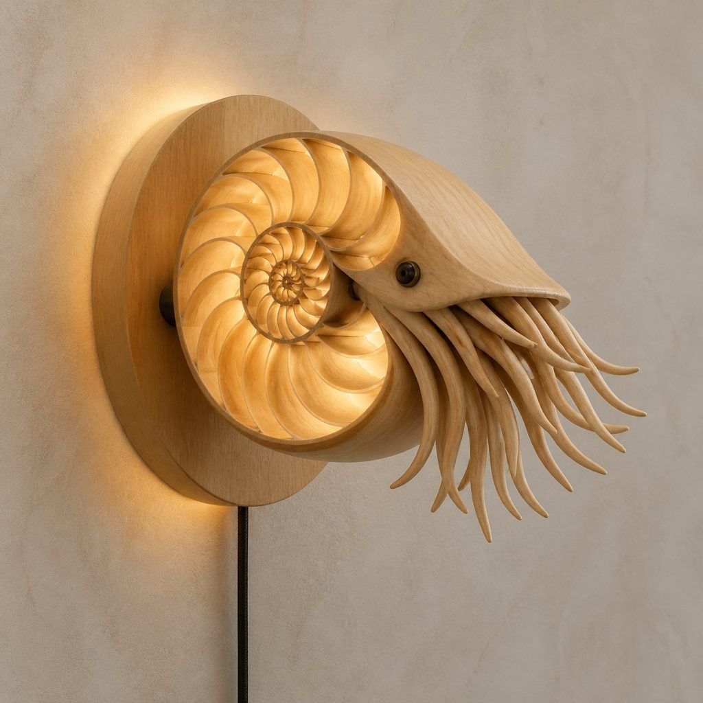 Swimming Nautilus Wall Sconce shown as an original square photorealistic nautilus lamp made from natural light-yellow wood with fine grain and warm diffused light