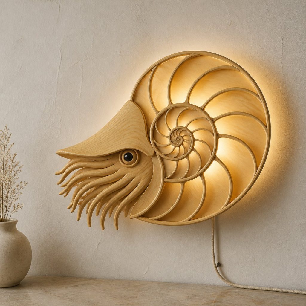 Layered Nautilus Wall Lamp shown as an original square photorealistic nautilus lamp made from natural light-yellow wood with fine grain and warm diffused light