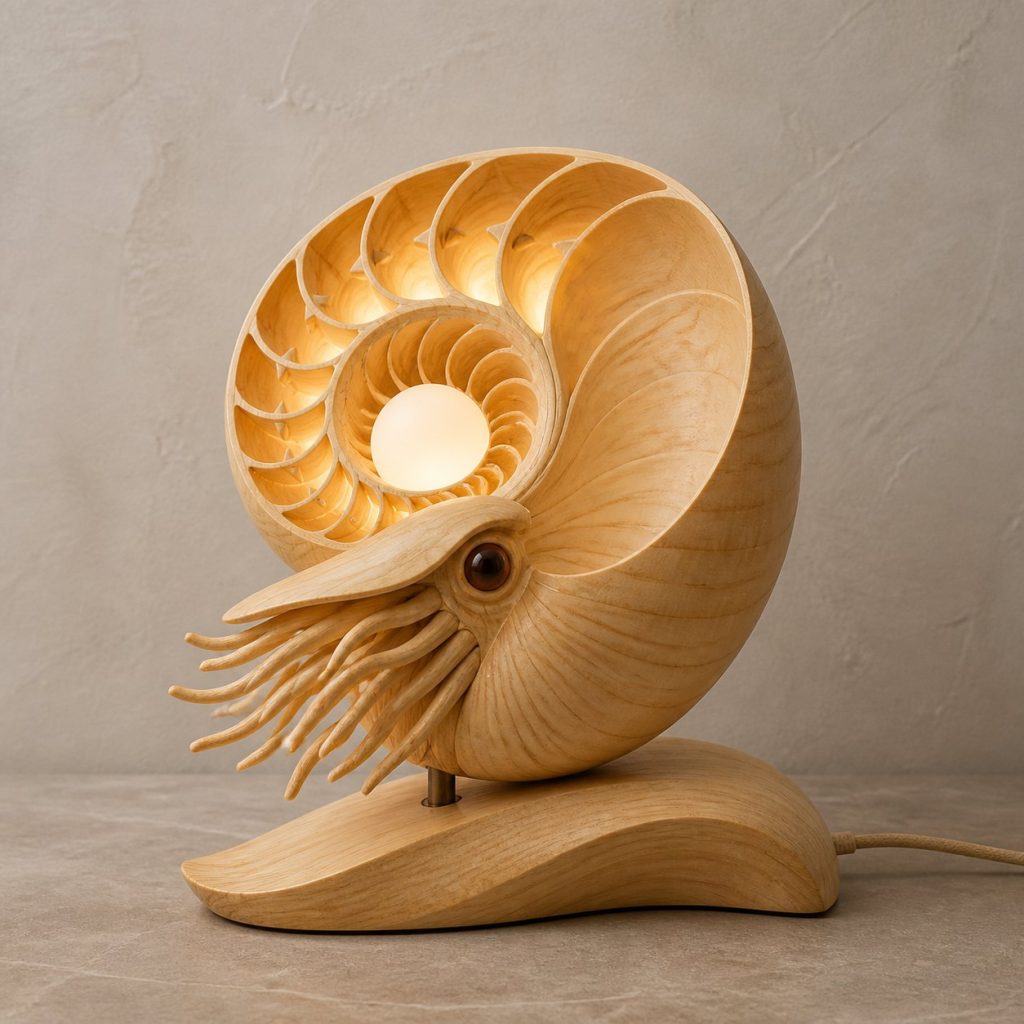 Nautilus Pearl Orb Lamp shown as an original square photorealistic nautilus lamp made from natural light-yellow wood with fine grain and warm diffused light