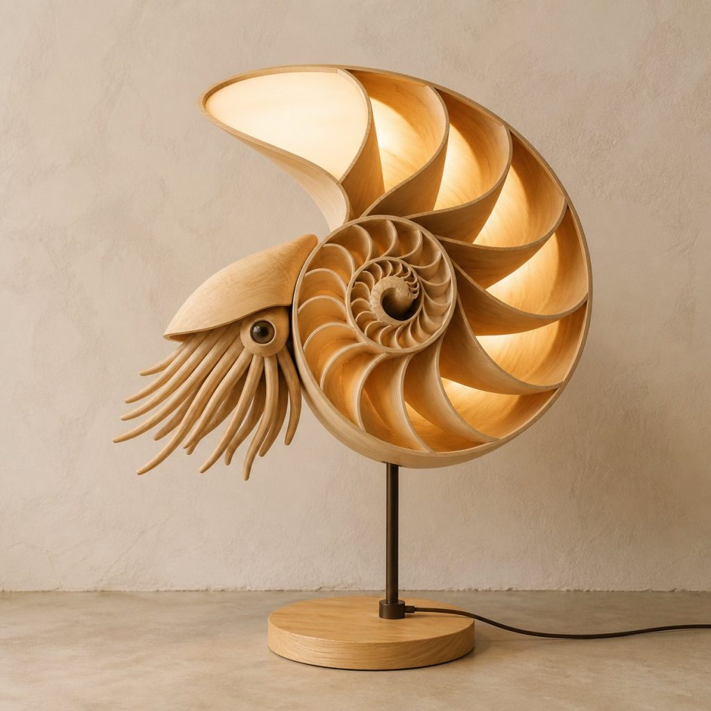 Spiral Nautilus Floor Lamp shown as an original square photorealistic nautilus lamp made from natural light-yellow wood with fine grain and warm diffused light