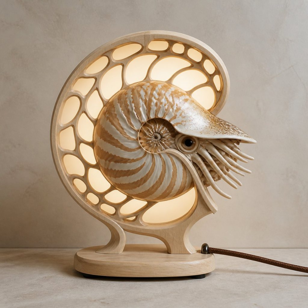 Reef Nautilus Lantern shown as an original square photorealistic nautilus lamp made from natural light-yellow wood with fine grain and warm diffused light