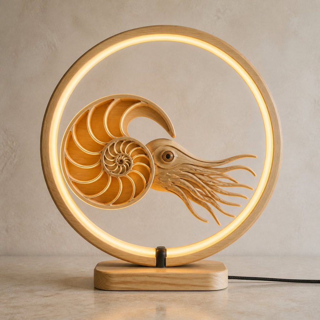 Nautilus Current-Ring Lamp shown as an original square photorealistic nautilus lamp made from natural light-yellow wood with fine grain and warm diffused light