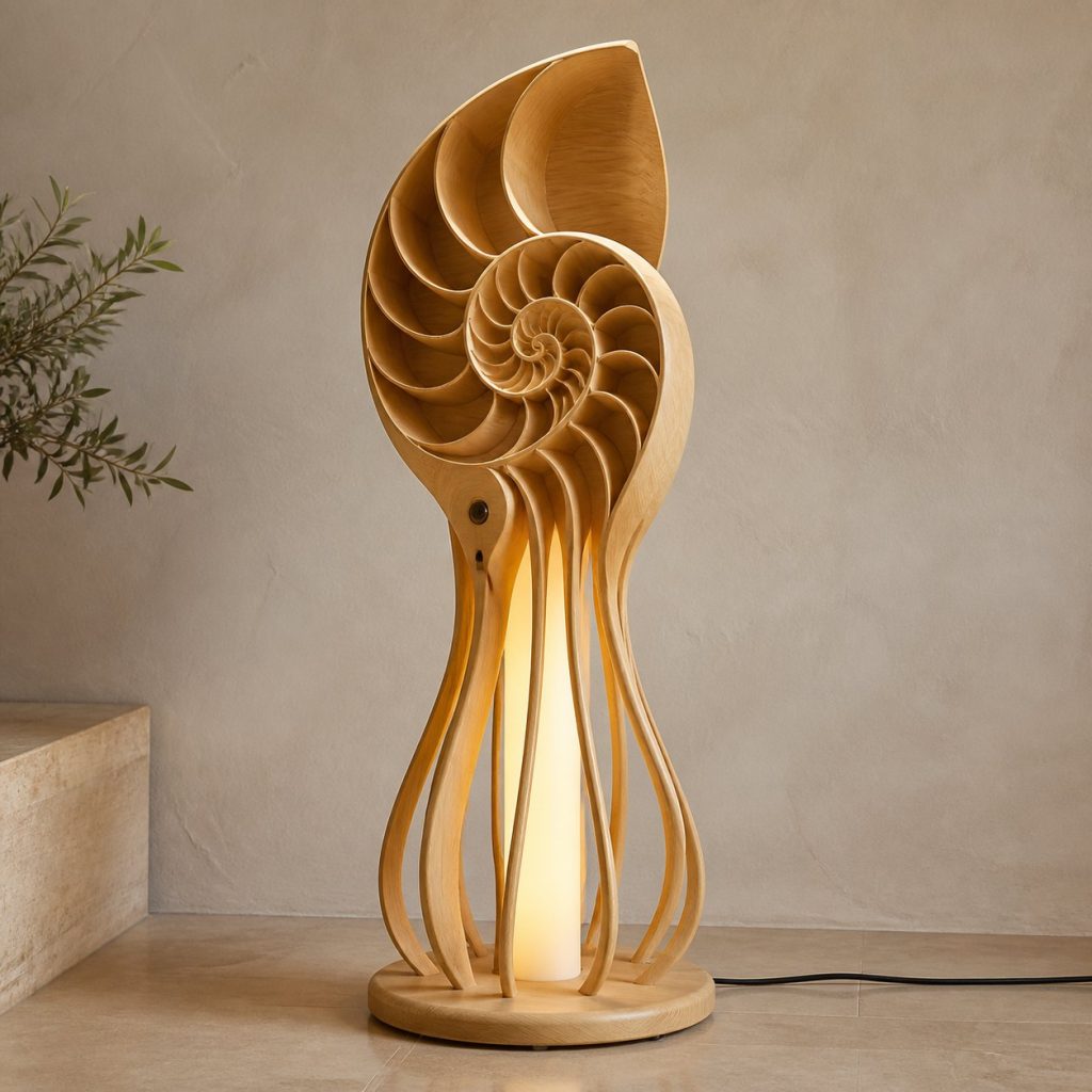 Tall-Shell Nautilus Floor Lamp shown as an original square photorealistic nautilus lamp made from natural light-yellow wood with fine grain and warm diffused light