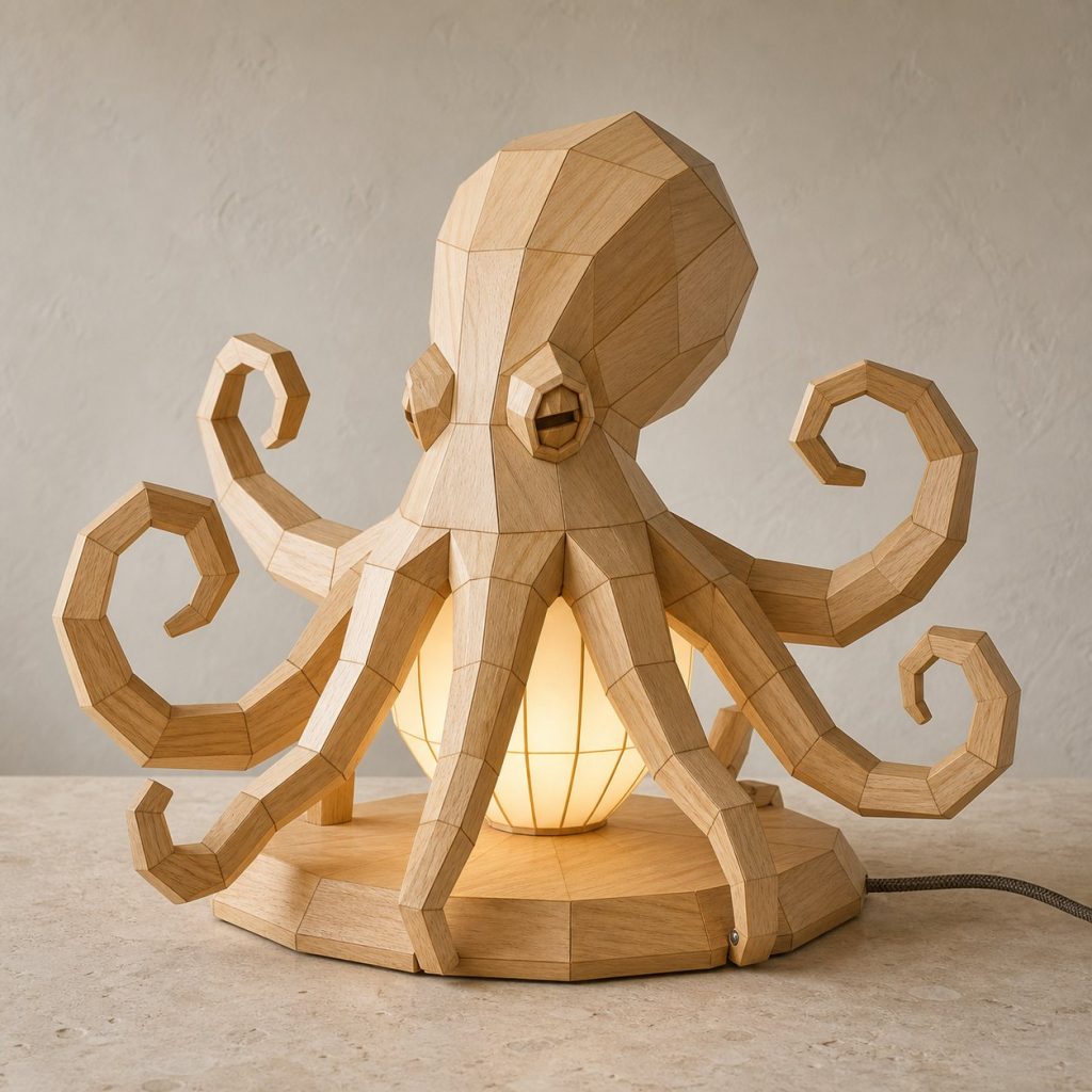 Faceted Octopus Lamp shown as an original square photorealistic octopus lamp made from natural light-yellow wood with fine grain and warm diffused light